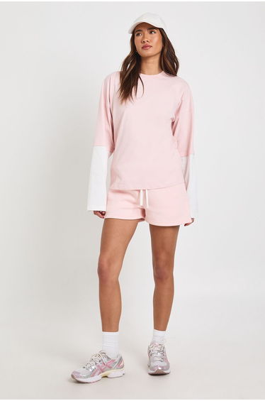 Double Layer Top And Contrast Drawcord Sweat Short Set - light pink
