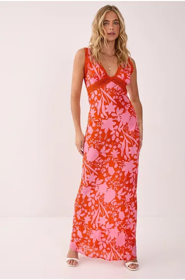 Floral Lace Insert Plunge Maxi Dress