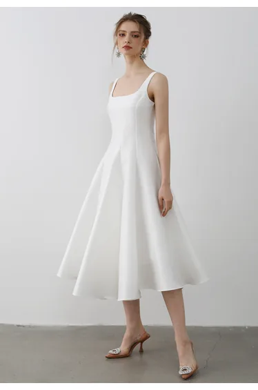 Polished Satin Flared Hem Cami Dress in White