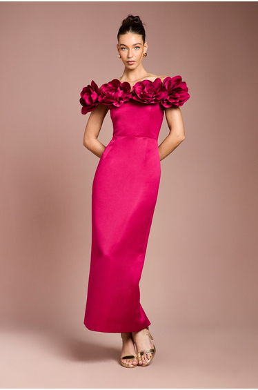3D Corsage Structured Satin Maxi Dress