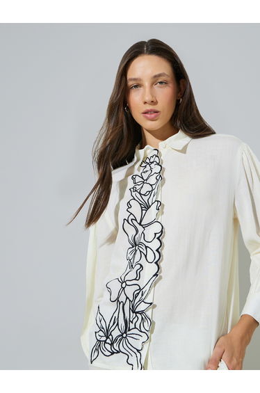 Off White Embroidered Placket Oversized Rayon Shirt