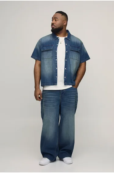 Plus Washed Studded Pocket Relaxed Fit Jeans - mid wash