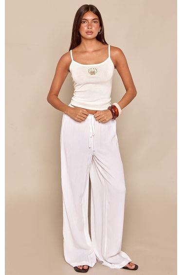 White Cheesecloth Broderie Panel Wide Leg Trousers