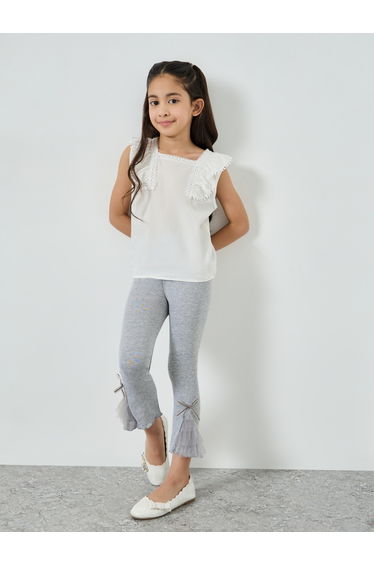 Girls Grey Cotton Knit Leggings with Mesh Detail
