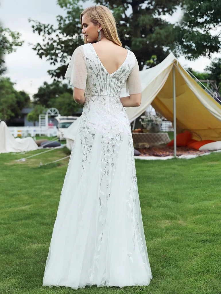 Romantic Shimmery V Neck Ruffle Sleeves Maxi Evening Gowns - 3