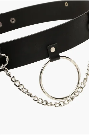 Ring & Chain Detail Waist Belt - black