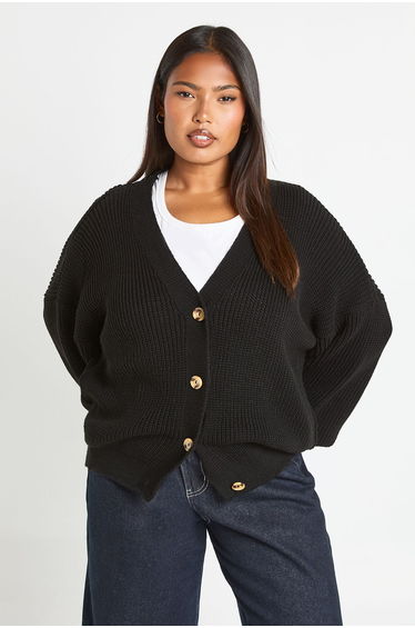 Plus Balloon Sleeve Button Through Rib Cardigan