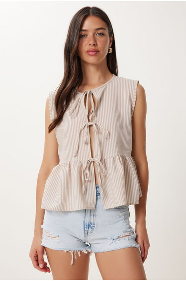 Women's Beige Bone Striped Flounce Tie Detailed Woven Blouse