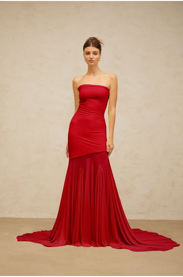Josiane red off-shoulder sheer tulle maxi dress