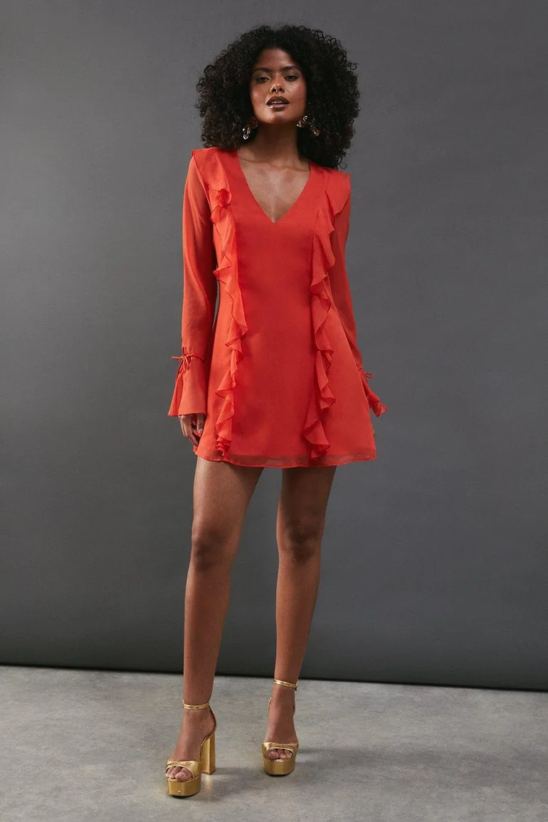 chiffon frill detail mini dress Bandeau Lace Up Front Frill Detail Mini Dress In Black Chiffon | EGO US