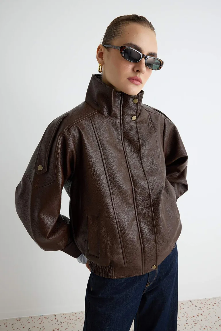 Dark Oversize Fit Stand Collar Faux Leather Bomber Jacket Coat - 2