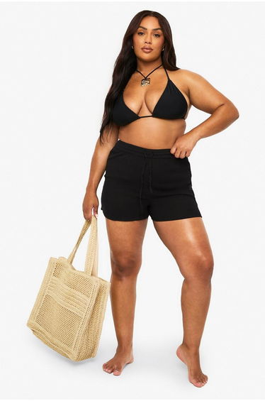 Plus Crinkle Cotton Beach Shorts - black