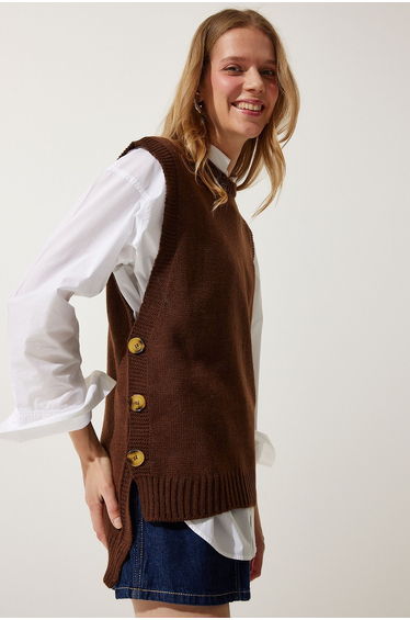 Women's Brown Crew Neck Buttoned Knitwear Sweater