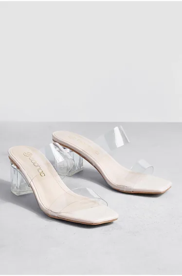 Clear Double Strap Low Block Mule - nude