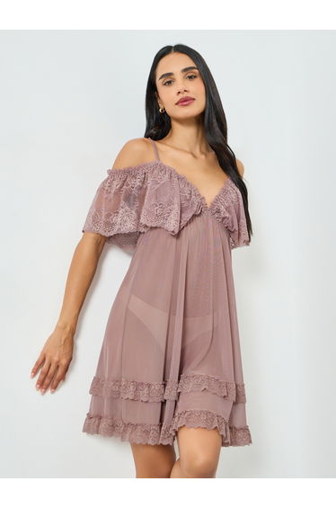 Women's Solid Ruffle Lace Hem Cami Slip Dress