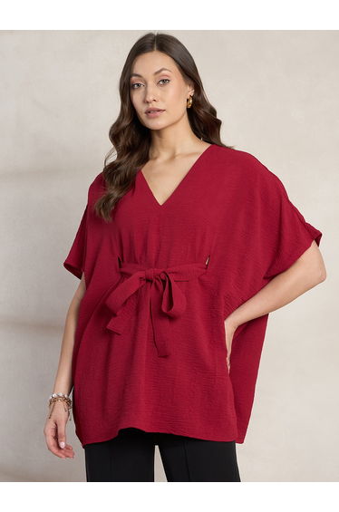 Solid V-Neck Kimono Top with Tie Up Detail