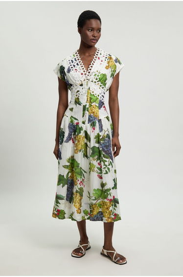 Petite Fruit Print Tape Detail Short Sleeve Woven Maxi Dress