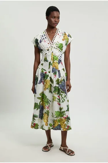 Petite Fruit Print Tape Detail Short Sleeve Woven Maxi Dress