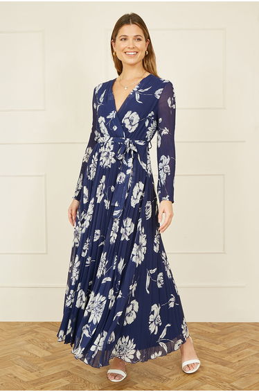 Yumi Navy Floral Pleated Midi Wrap Long Sleeve Dress