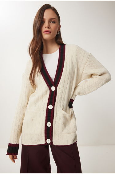 Women's Cream Contrast Color Knitted Sweater Cardigan