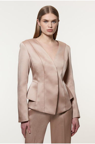 Structured Viscose Satin Stitch Detail Tailored Peplum Blazer
