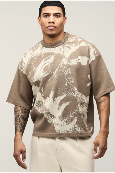 Oversized Boxy Renaissance Jacquard Knitted T-Shirt - taupe