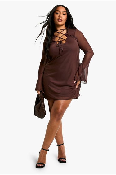 Plus Mesh Ruffle Flared Sleeve Smock Dress - chocolate