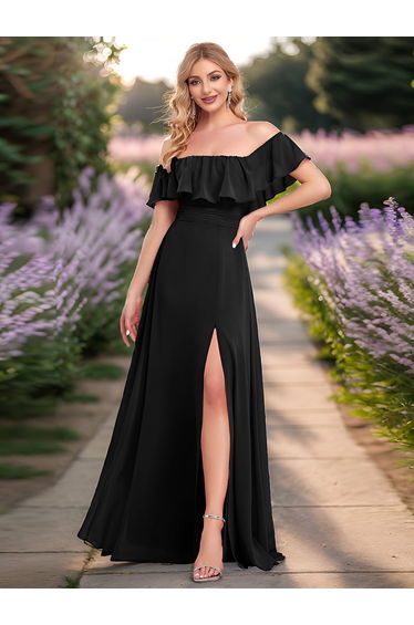 ever ÉMILE|Plus Size Off the Shoulder Formal Bridesmaid Dress with Thigh Split