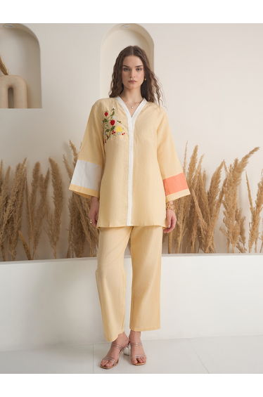 Embroidered Linen Longline Top with Pants Co-Ords