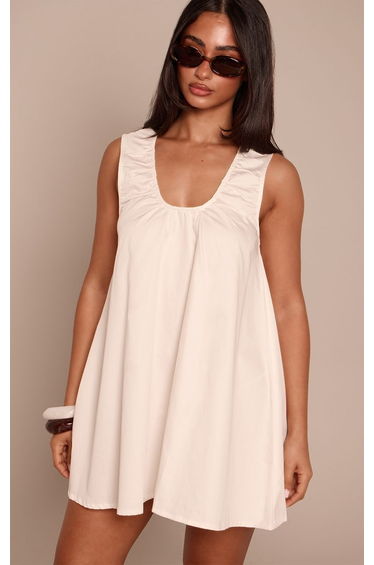 Petite White Sleeveless Linen Look Flowy Scoop Neck Mini Dress