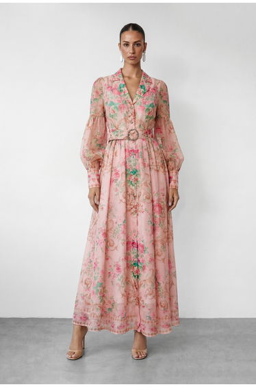 Vivid Daydream Pink Floral Print Rhinestone Belt Maxi Dress