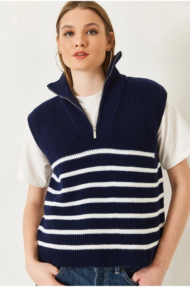 LUCCI Striped Knitwear Sweater Vest with Zipper Collar