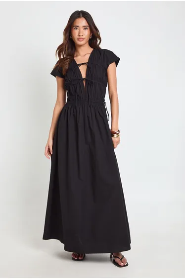 Cotton Poplin Shirred Front Tie Maxi Dress - black