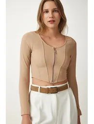 Women's Beige Zippered Corduroy Crop Blouse Top - 2