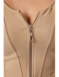 Women's Beige Zippered Corduroy Crop Blouse Top - 5
