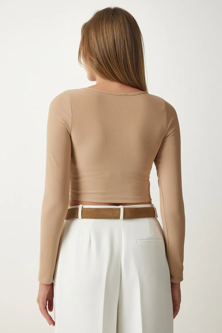 Women's Beige Zippered Corduroy Crop Blouse Top - 4
