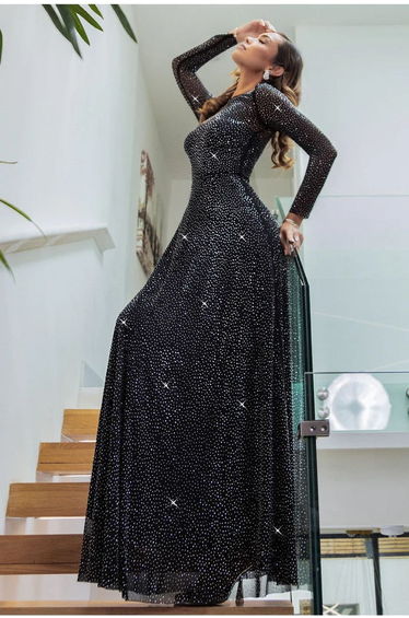 Goddiva Diamante Mesh A-Line Long Sleeve Maxi Dress - Black