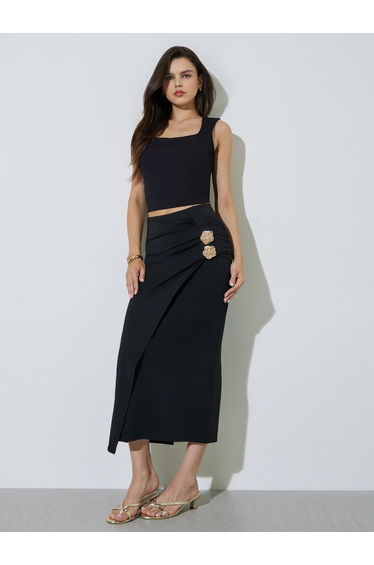 Black Pencil Midi Skirt with Decorative Buckles