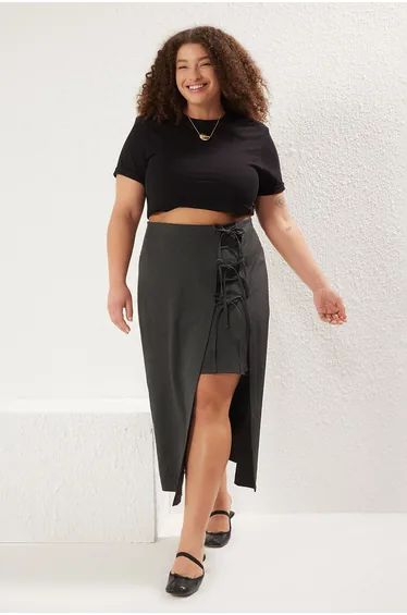 Anthracite Bow/Lace Midi Woven Plus Size Skirt