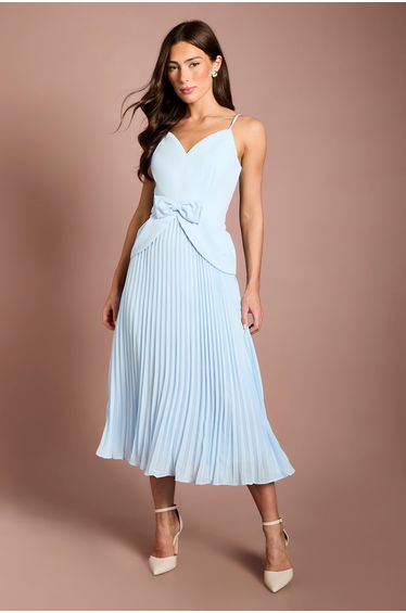 Lisa Tan Bow Detail Crepe Bodice Pleated Midi Dress