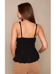 Black Cotton Ruched Detail Plunge Cami Top - 2