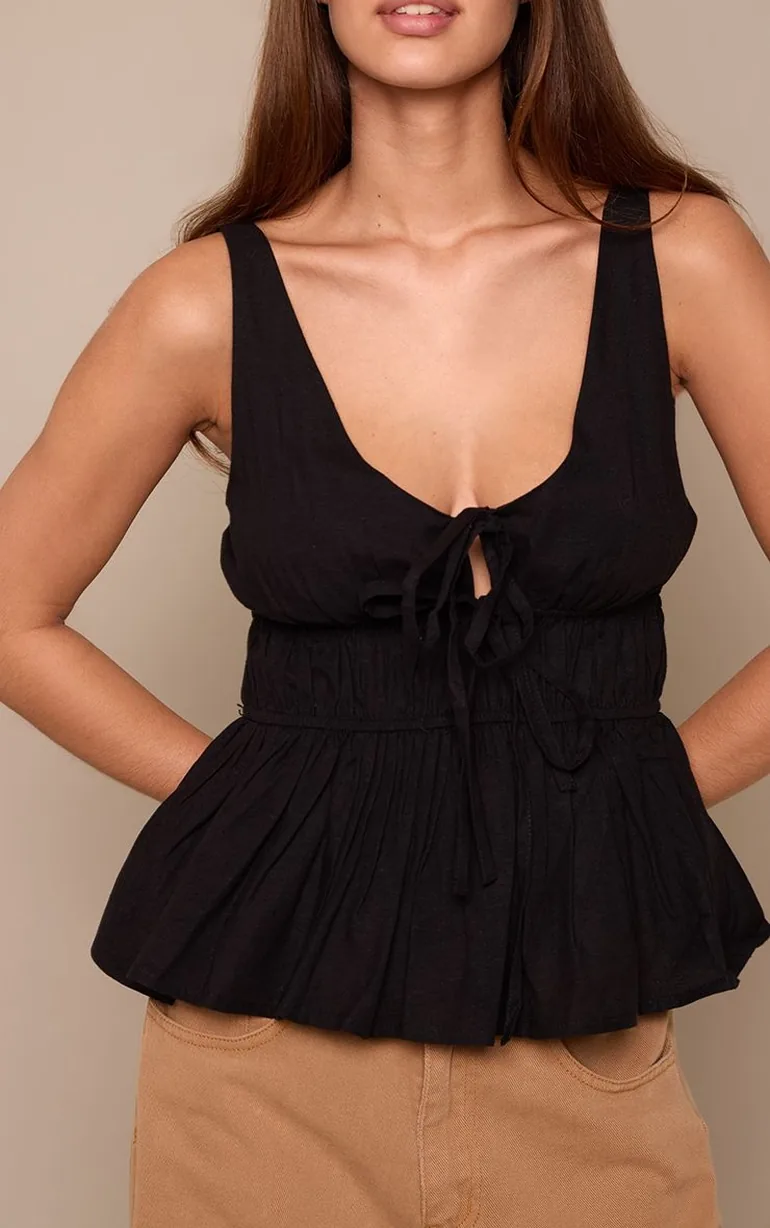 Black Cotton Ruched Detail Plunge Cami Top - 3