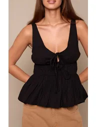 Black Cotton Ruched Detail Plunge Cami Top - 3