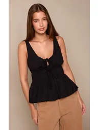 Black Cotton Ruched Detail Plunge Cami Top - 1