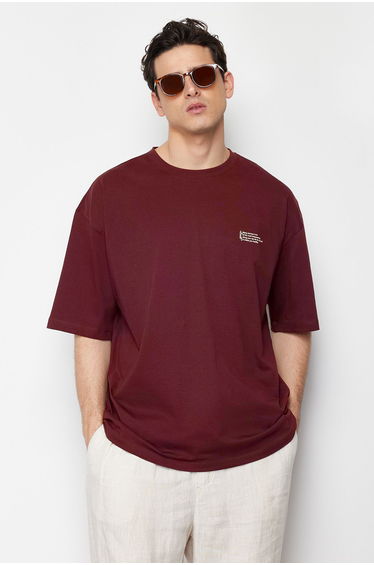 Claret Red Oversize 100% Cotton Crew Neck Minimal Text Printed T-shirt