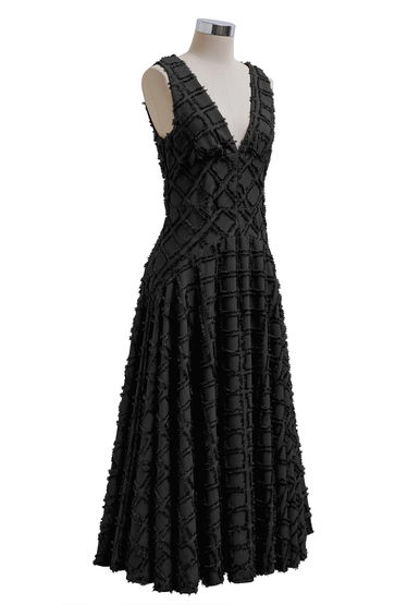 Deep V-Neck Fringe Grid Midi Dress in Black for Cultural Events & Art Fairs