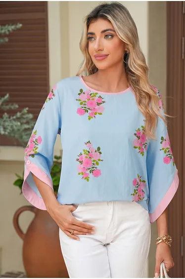Lvness Sky Blue Floral Print Button Cuffed 3/4 Sleeve Round Neck Blouse