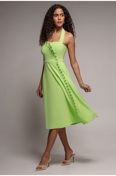 Frilled Halter Neck Strap Midi Dress - Lime by Goddiva