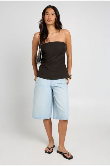 Linen Look Longline Bandeau Top - black
