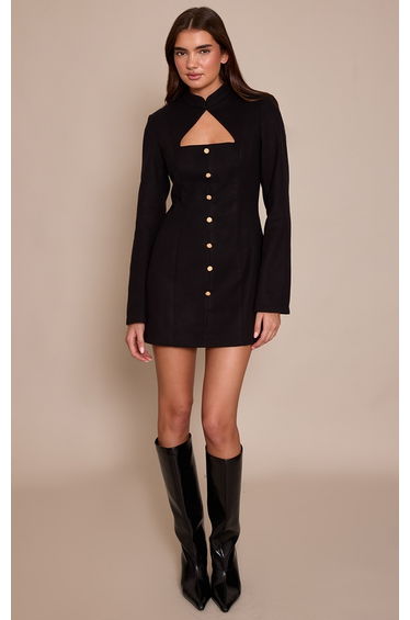 Black Brushed Woven Long Sleeve Button Detail Mini Dress